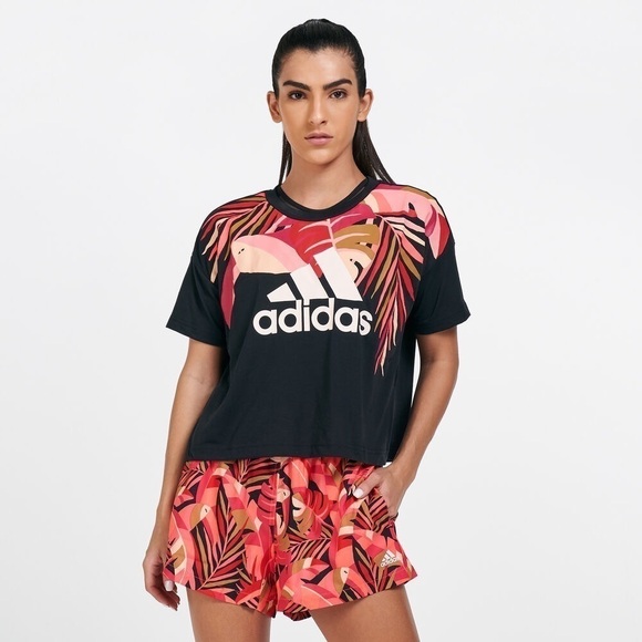 adidas x Farm Rio Womens Size S Tropical Cropped T Shirt Top Gym Workout Active - Picture 1 of 9